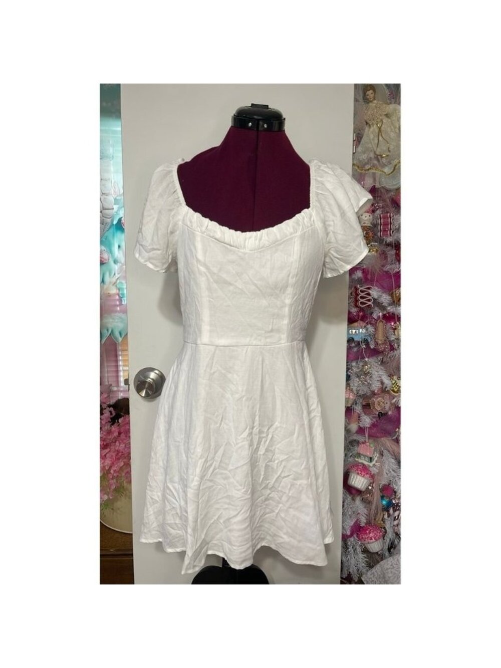 Row A Mini Dress Women Medium White Good Puff Sleeve Square Neck Fit & Flare
